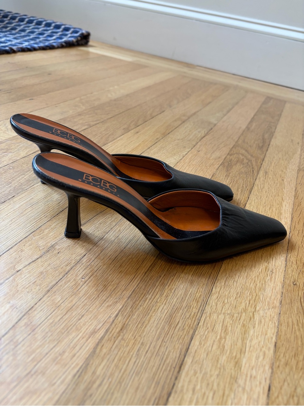 BCBG Black Leather Pointed Mule Heels